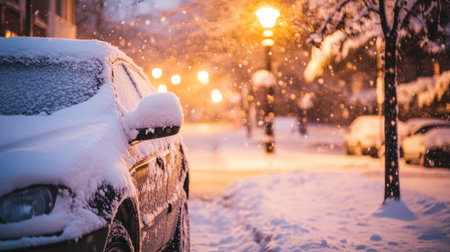 A vehicle covered with snow, its windshield wipers sticking out, parked under a streetlight in the evening.の素材