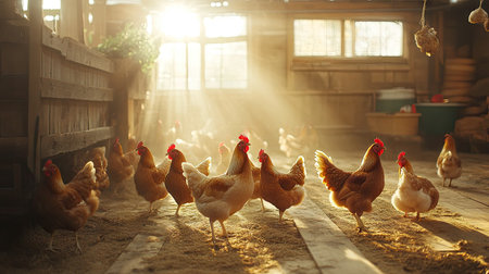 Chickens roaming freely inside a well-lit indoor farm, with wooden floors and natural light streaming in through the windows.の素材
