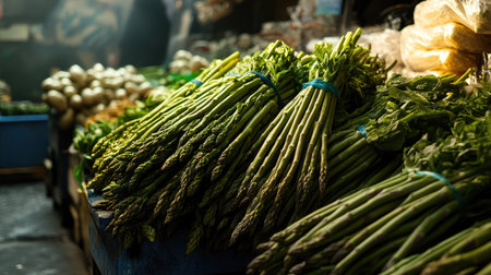 A vibrant market stall overflowing with fresh asparagus bundles and other green vegetables.の素材