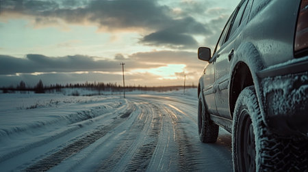 Close-up of a car equipped with winter tires, leaving tire tracks on a snowy road, with a cloudy winter sky overhead.の素材