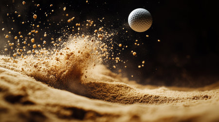 Close-up of a golf ball launching from a sand bunker, grains of sand suspended mid-air in a dynamic burst.の素材