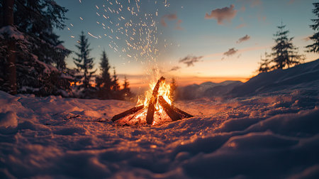 A warm campfire surrounded by untouched snow in a remote alpine forest, with sparks flying into the wintry sky.の素材