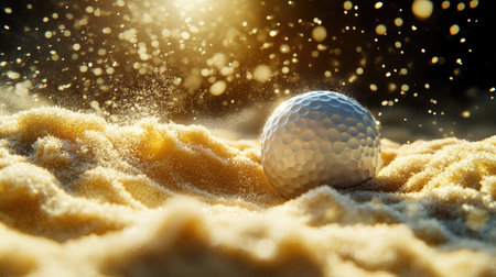 A vibrant action shot of a golf ball leaving a tee in a sand bunker, with grains of sand sparkling in sunlight.の素材