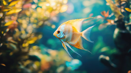 A vibrant and colorful aquarium tank full of different types of fish, including angelfish and tetras, swimming peacefully among plants.の素材