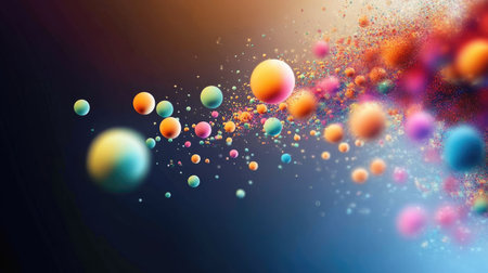 Bright Styrofoam mini balls flying outward, leaving a trail of color and energy on a dark gradient background.の素材