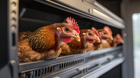 Chickens feeding in an indoor chicken farm, with efficient farm equipment, clean pens, and bright lighting to ensure a healthy environment.の素材