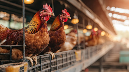 Chickens feeding in an indoor chicken farm, with efficient farm equipment, clean pens, and bright lighting to ensure a healthy environment.の素材