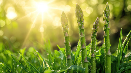 Bright green asparagus spears growing in the early morning sunlight, surrounded by dewy grass.の素材