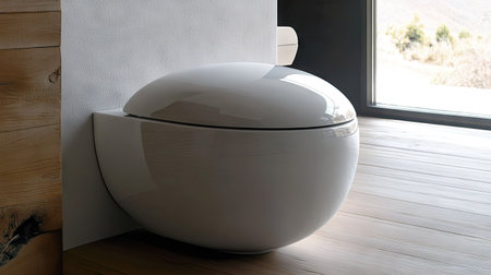 A white toilet bowl in a spacious, well-decorated bathroom, featuring a lovely seat cover that complements the interior design.の素材