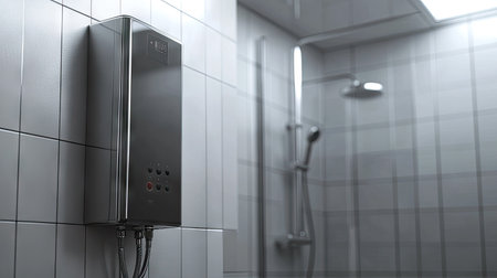 Close-up of an electric water heater in a contemporary bathroom, with a shower running in the background, surrounded by sleek tiles.の素材