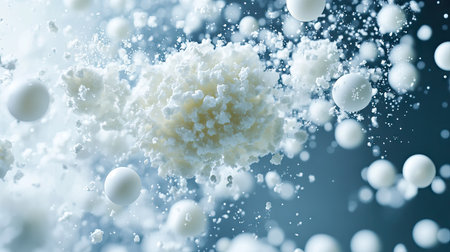 Bright Styrofoam mini balls flying chaotically, with individual pieces in focus and motion trails creating energy.の素材