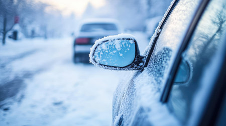 Close-up of a car windshield buried under snow, with frosty patterns forming on the glass in soft natural light.の素材