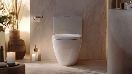 A white toilet bowl with a trendy seat cover, surrounded by soft lighting and neutral-colored walls in a stylish bathroom.の素材