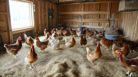 A well-maintained indoor chicken farm with chickens in spacious pens, and rows of fresh straw covering the floors.の素材