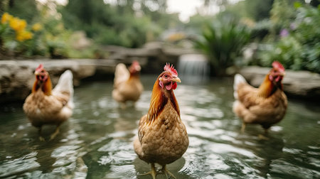 Chickens walking around in a large indoor farm, with spacious pens and bright lighting ensuring optimal living conditions.の素材