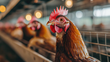 Chickens feeding in an indoor chicken farm, with efficient farm equipment, clean pens, and bright lighting to ensure a healthy environment.の素材