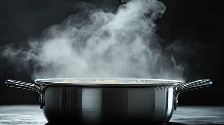 Boiling spaghetti in a shiny steel pot, with steam creating a warm, homely atmosphere.の素材