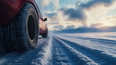 Close-up of a car equipped with winter tires, leaving tire tracks on a snowy road, with a cloudy winter sky overhead.の素材