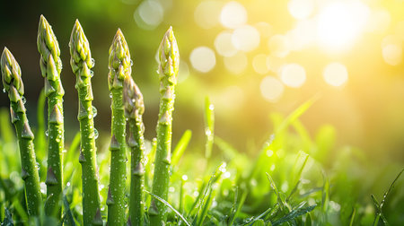 Bright green asparagus spears growing in the early morning sunlight, surrounded by dewy grass.の素材