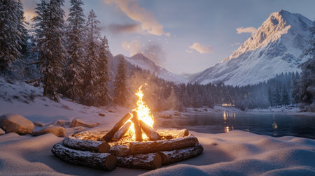 A scenic campfire surrounded by deep snow, with logs carefully arranged around the flames and a snowy mountain in the background.の素材