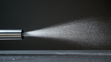 A stream of water spraying out of a small hole in a stainless steel pipe, captured mid-air on a simple background.の素材