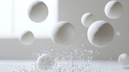 A slow-motion style capture of Styrofoam mini balls scattering outward, with shimmering light creating a dreamy effect.の素材