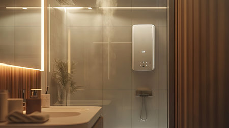 A sleek and compact electric water heater installed in a contemporary bathroom, with the shower running and steam rising.の素材