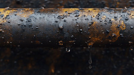 A stream of water leaking from a corroded stainless steel pipe, with focus on the texture and damage.の素材