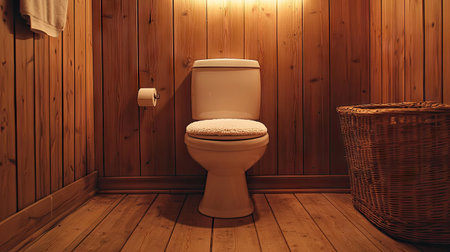 A white toilet bowl in a trendy bathroom with a plush seat cover, creating a comfortable and chic atmosphere.の素材