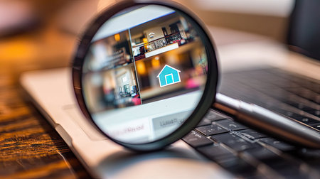 A magnifying glass focusing on a small house icon on a real estate website displayed on a laptopの素材