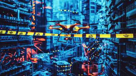A futuristic cityscape with a drone placing yellow and black barricade tape across a virtual boundaryの素材