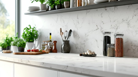 A marble countertop in a high-end kitchen with cooking utensils and ingredients nearbyの素材