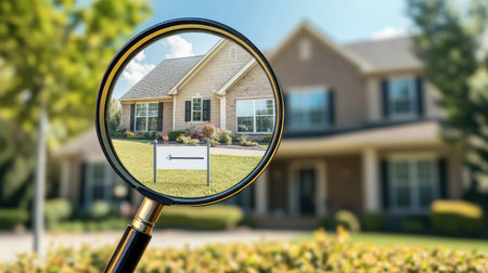 A magnifying glass on a house for sale sign in front of a suburban propertyの素材