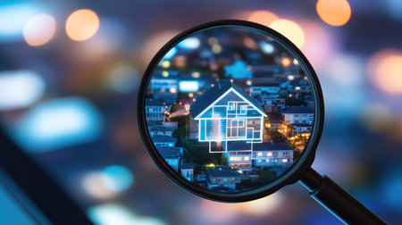 A magnifying glass highlighting a house icon on a tablet screen with an online property search appの素材