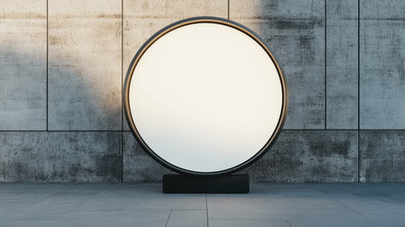 A futuristic round signboard mockup with a white background on a sleek metal frameの素材