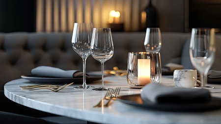 A modern marble dining table set with elegant tableware, wine glasses, and a candleの素材