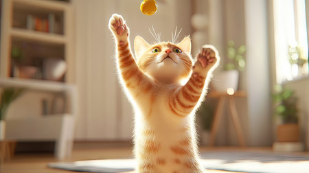 A happy cat jumping to catch a dangling toy, its paws extended and eyes full of concentration in a bright, cozy room.の素材