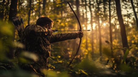 A hunter aiming his bow in a dense forest, blending seamlessly with the natural surroundingsの素材