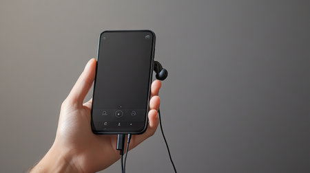 A hand holding a smartphone with earphones plugged in, showing a video streaming appの素材