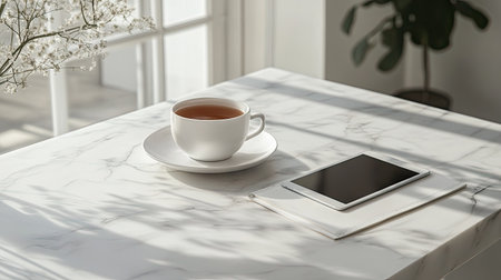 A marble desk with a cup of tea, a tablet, and a notepad in a bright, minimalist workspaceの素材