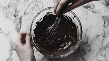 A pair of hands holding a whisk in a bowl of melted chocolate, preparing a chocolate sauceの素材