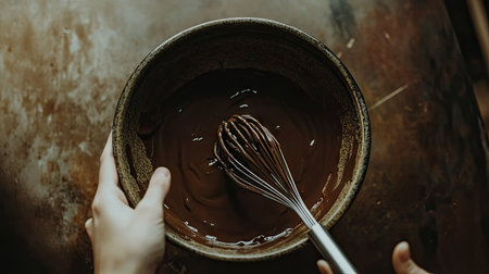 A pair of hands holding a whisk in a bowl of melted chocolate, preparing a chocolate sauceの素材