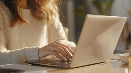 A focused businesswoman typing on her laptop during a video conference in a well-lit officeの素材