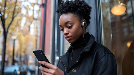 A person holding a smartphone with wireless earphones in their ears, listening to musicの素材