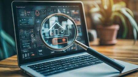 A magnifying glass focusing on a small house icon on a real estate website displayed on a laptopの素材