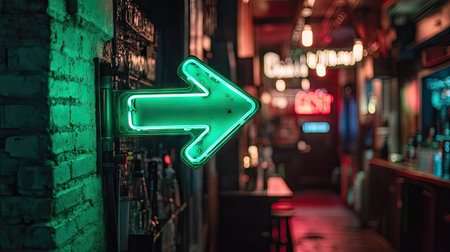 A neon one-way arrow sign in green, directing visitors toward a hidden speakeasy bar entranceの素材