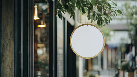 A minimalistic round signboard mockup with a white background hanging from a wooden storefrontの素材