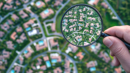 A hand holding a magnifying glass above a property map, signifying a search for a new homeの素材