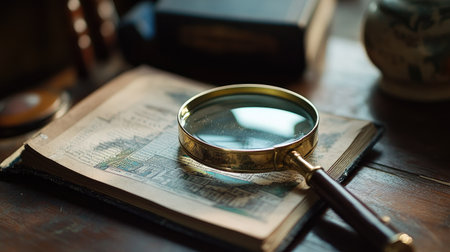 A magnifying glass placed on a house brochure, symbolizing attention to detail in home searchingの素材
