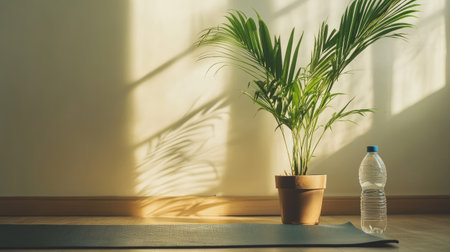 A minimalist setup with a yoga mat, a potted plant, and a water bottle on a clean floorの素材